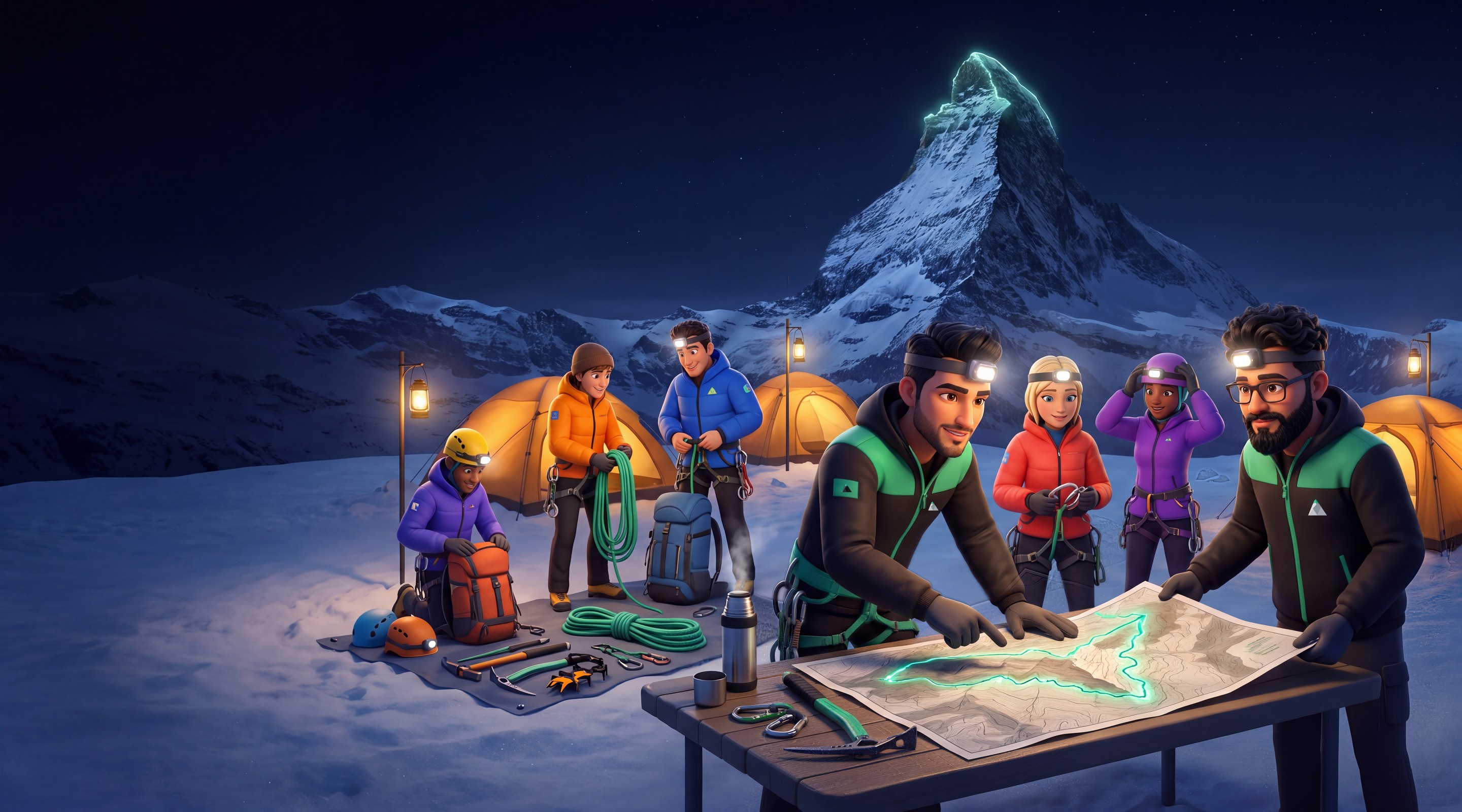 Base camp at night: climbers pack ropes and gear by lit tents while two guides trace a glowing route on a map, the Matterhorn lit jade behind them
