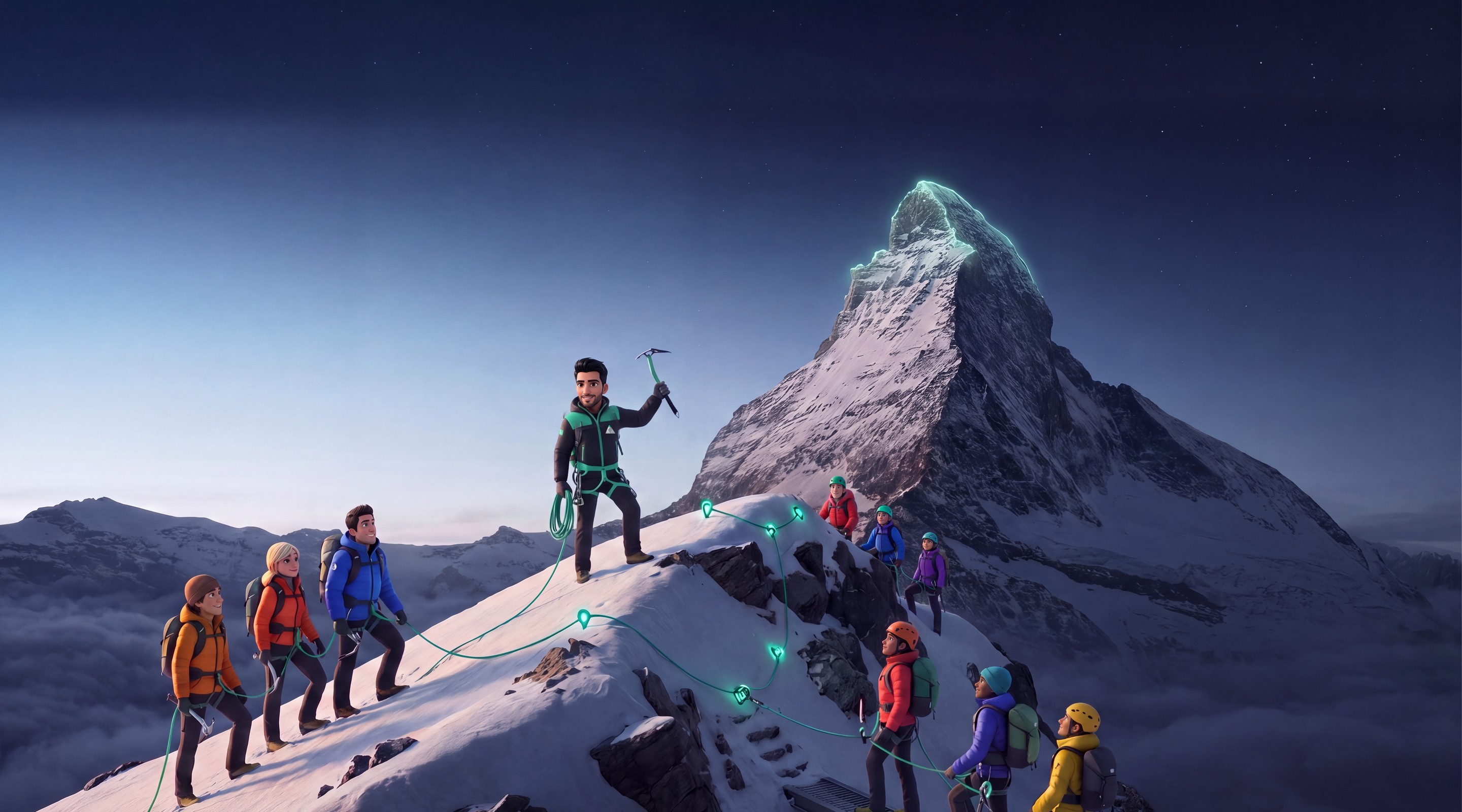 A guide raising an ice axe leads several rope teams up a snowy ridge toward the Matterhorn, its summit glowing jade