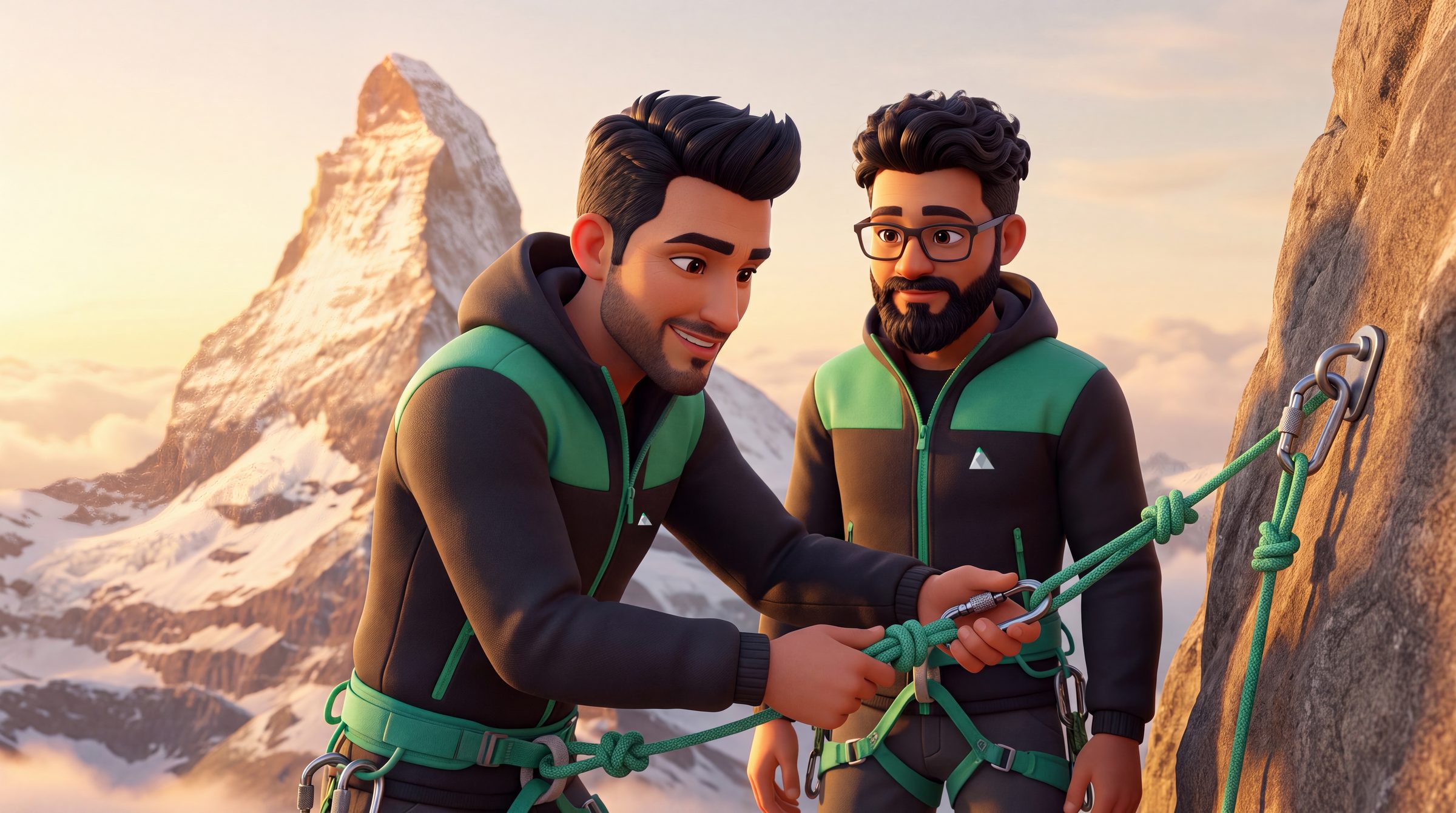 One Vetta guide checks the other’s harness and locked carabiners before handing over the rope