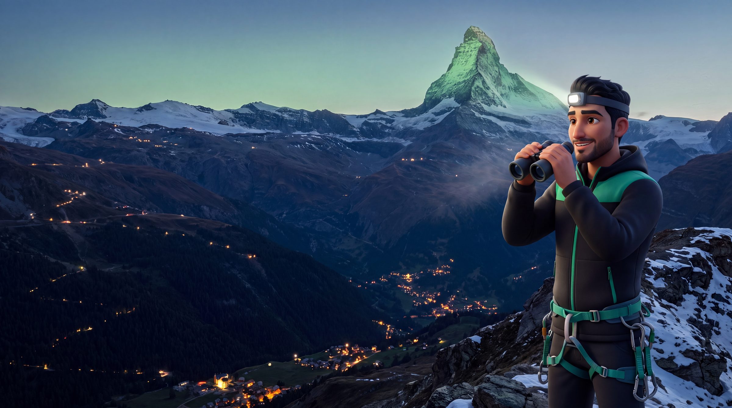A Vetta guide on a ridge at dusk, watching lights come on across the valley below