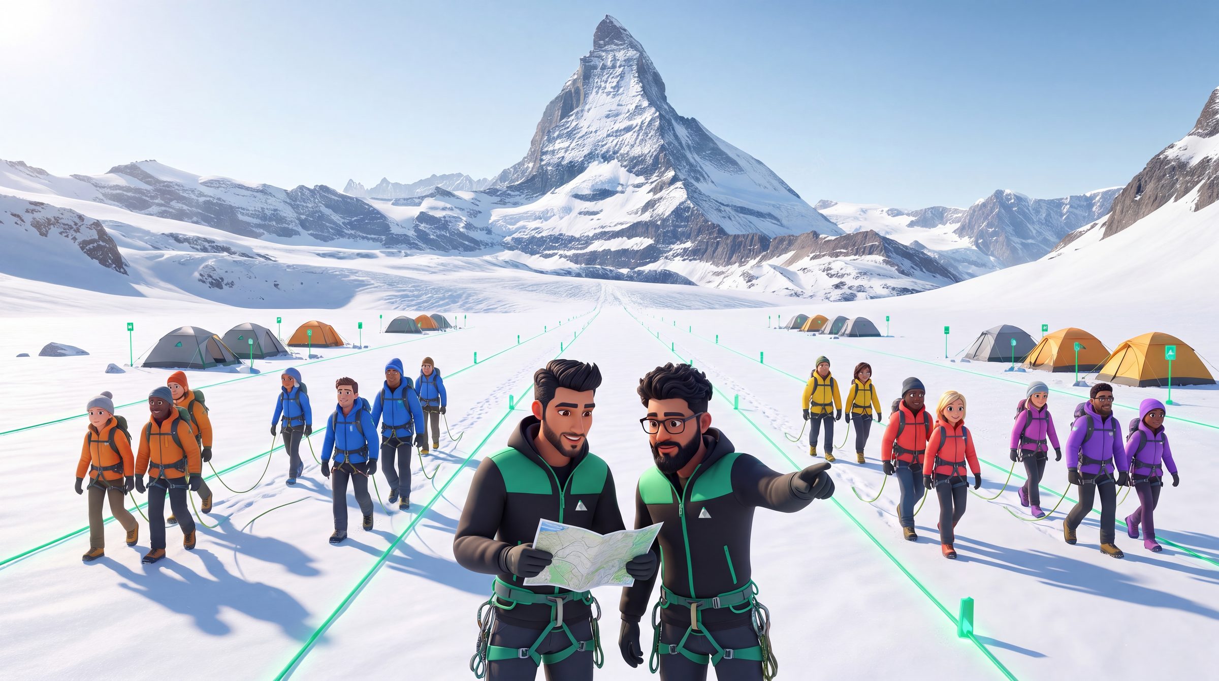 A large expedition crosses the glacier in formation behind two Vetta guides