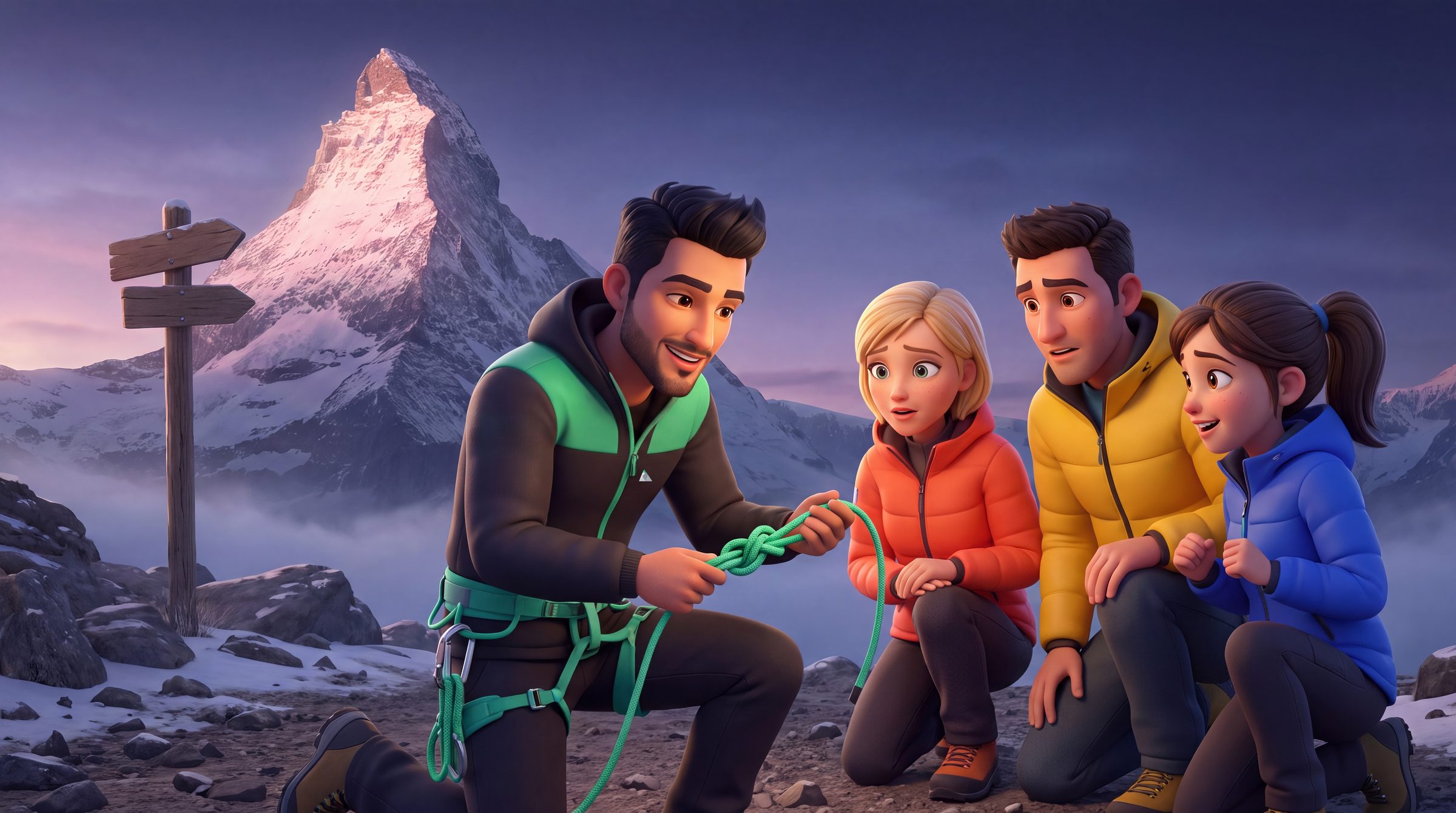 At dawn, a Vetta guide teaches a new team to tie in at the trailhead